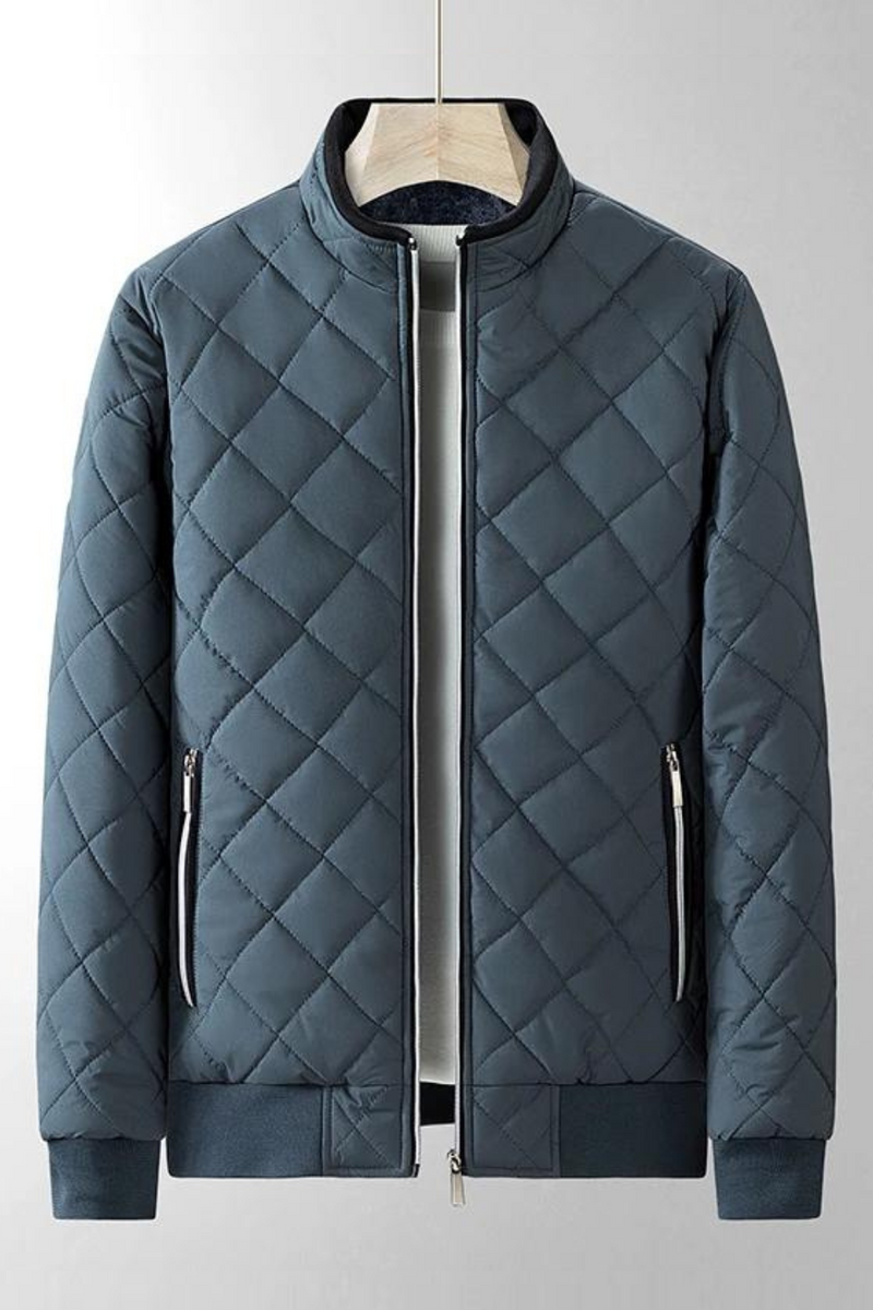 Men's Fleece Slim Coat Metal Zipper Collar Jacket Diamond Plaid Windproof Quilted Jacket Aviator Jacket
