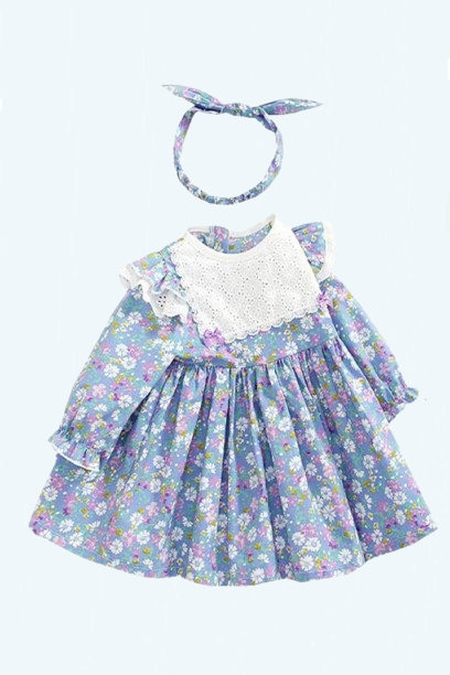 Autumn Princess Girls Boutique Dress Set Floral Full Elegant Lace Doll Collar Outfit Elastic Headband Cotton Wearing