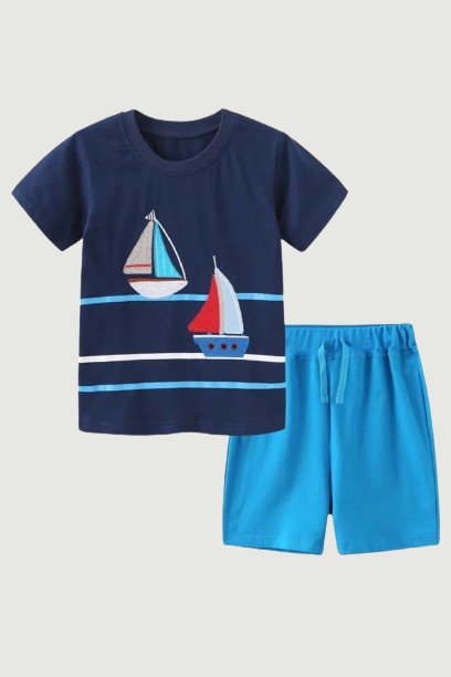 Summer Outfits For Kids Wear Boats Embroidery Hot Selling Baby Clothing Sets Boys Girls Cotton Tees + Shorts Sets