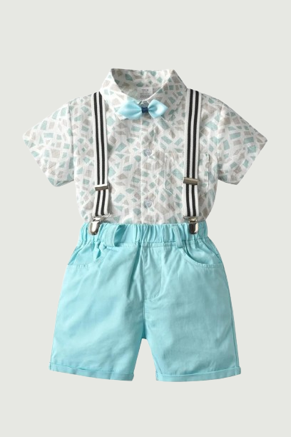 Geometric Pattern Summer Gentleman Outfits Years Boys Suspender With Solid Shorts Bow Performance Set
