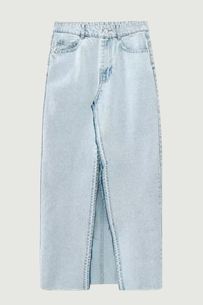Women Light Blue Front Slit Denim Skirt Vintage High Waist Unfinished Hem Female Midi Skirts