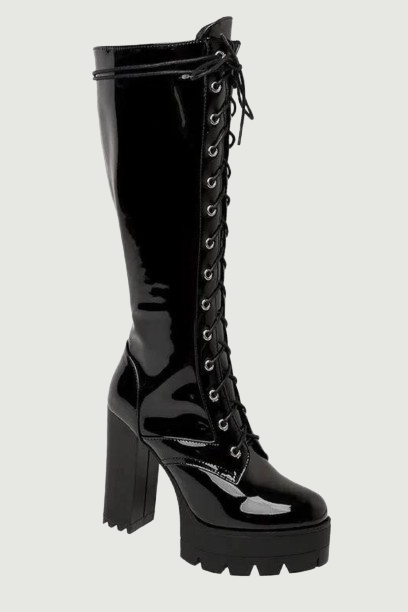 Patent Leather White Knee High Boots Lace Up Ladies Platform Boots High Heels Nightclub Party Shoes