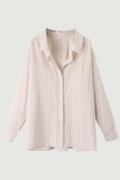 Autumn Neutral Style Oversize Pocket Lapel Long Sleeve Cotton Poplin Top Mid-Length Women's Striped Shirt