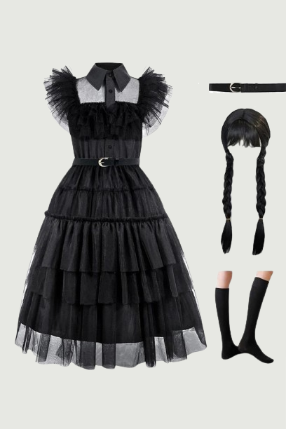 Wednesday Black Lace Halloween Dress Up Girl's Birthday Party Performance Dress New Girl Role Playing Dress