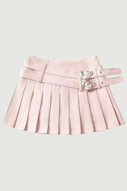 Women Summer  Slim Pleated Cute Chic Heart Belt Mini Skirt Streetwear
