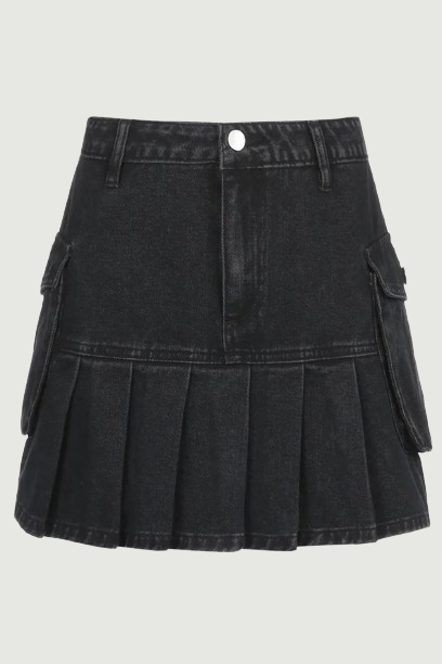 Vintage Denim Skirt Women Streetwear High Waist Pockets Gothic Black Jeans Pleated Skirt Autumn Winter