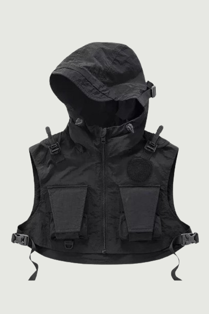 Functional Short Vest Men Tactical Hooded Vest Black Hip Hop Sleeveless Cargo Vest Tops
