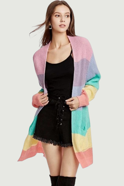 Office Lady elegant Loose Sweater Yellow Casual Coat Women Rainbow striped long cardigan Winter knitted sweater Jacket