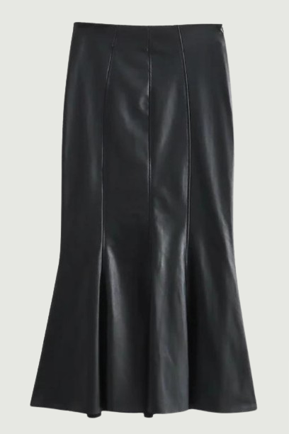 Women Pronounced Seams Black High Waist Faux Leather Midi Skirt