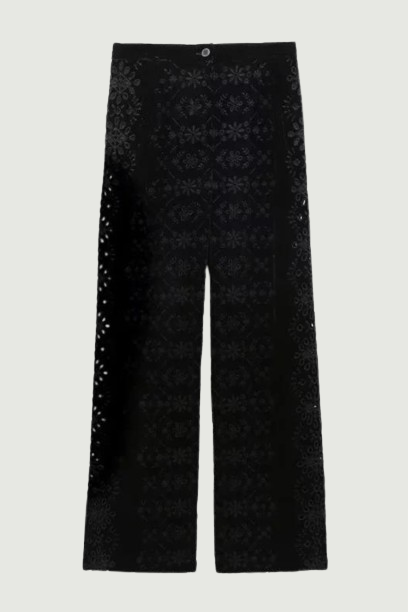 Women's Floral Embroidered Velvet Pants Bohemian Zipper High Waist Straight-Leg Trousers