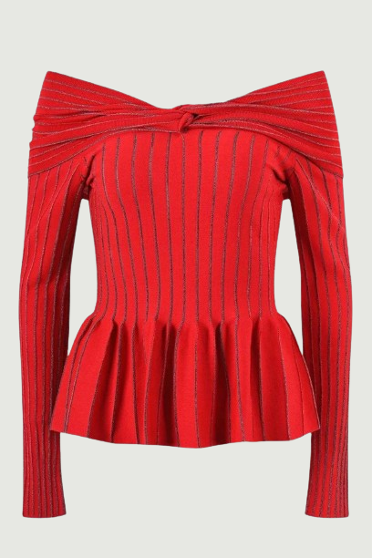 Spring Collection Slash Neck Striped Ruched Knitting Women Sweater