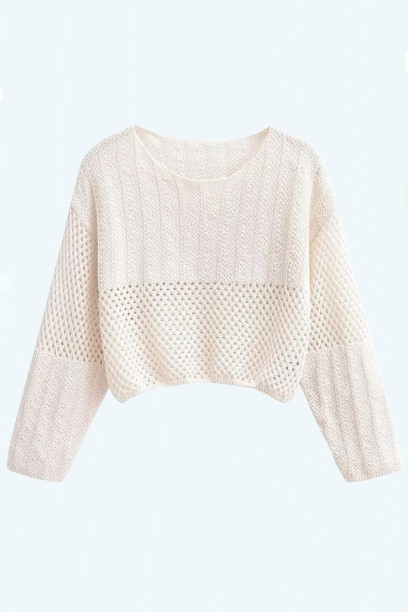 Women Round Neck Long Sleeve Crop Crochet Top Autumn Pullover Sweater