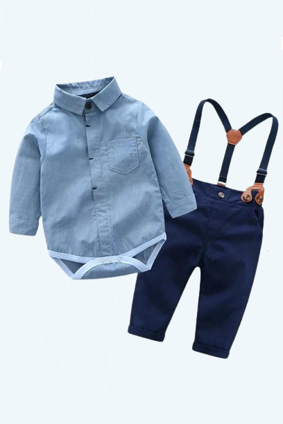 Toddler Baby Boy Clothes Set Clothing Suit Blue Cotton Overalls Navy Pants with Belt Handsome Take