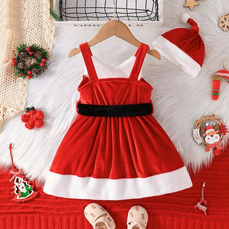 Princess Xmas Dress New Year Pageant Autumn And Winter Baby Clothes Red Kids Cap Sets