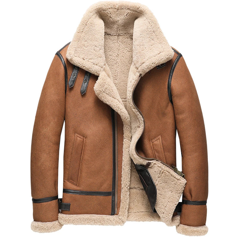 Men Shearling Jacket Brown Leather Short Wool Coat Aviation Jacket For Men