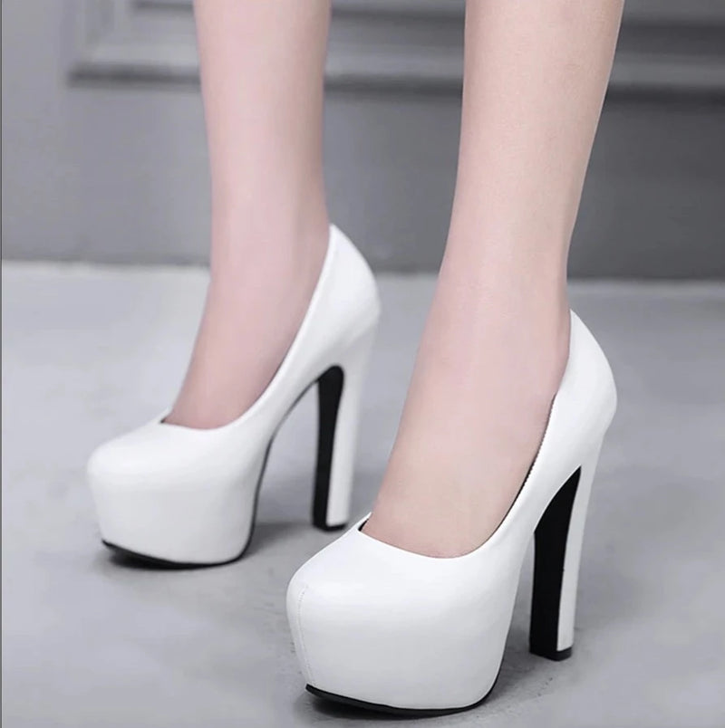Women Platform High Heels Shoes Slip On Stilettos Heel Leather Round Toe Black and White Classic Party Footwear