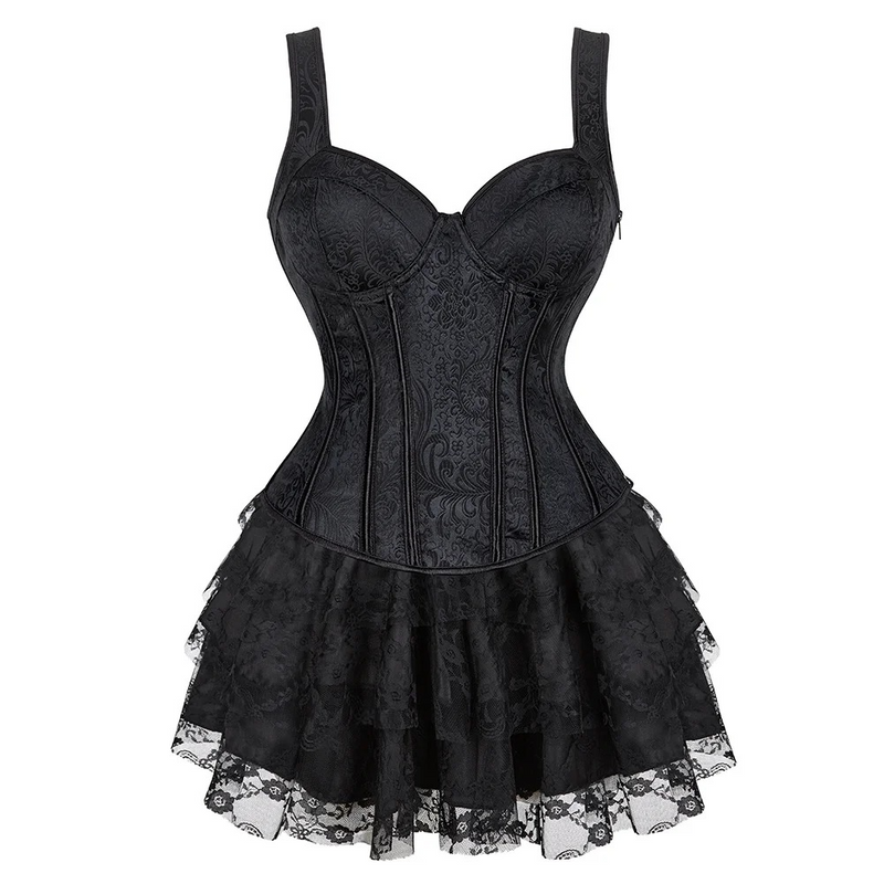 Black Corset Dress Gothic Skirts Corset Bustier With Straps Suspenders Zip Costume Party