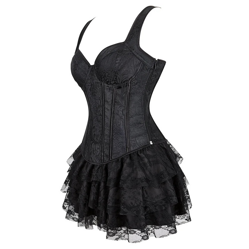 Black Corset Dress Gothic Skirts Corset Bustier With Straps Suspenders Zip Costume Party