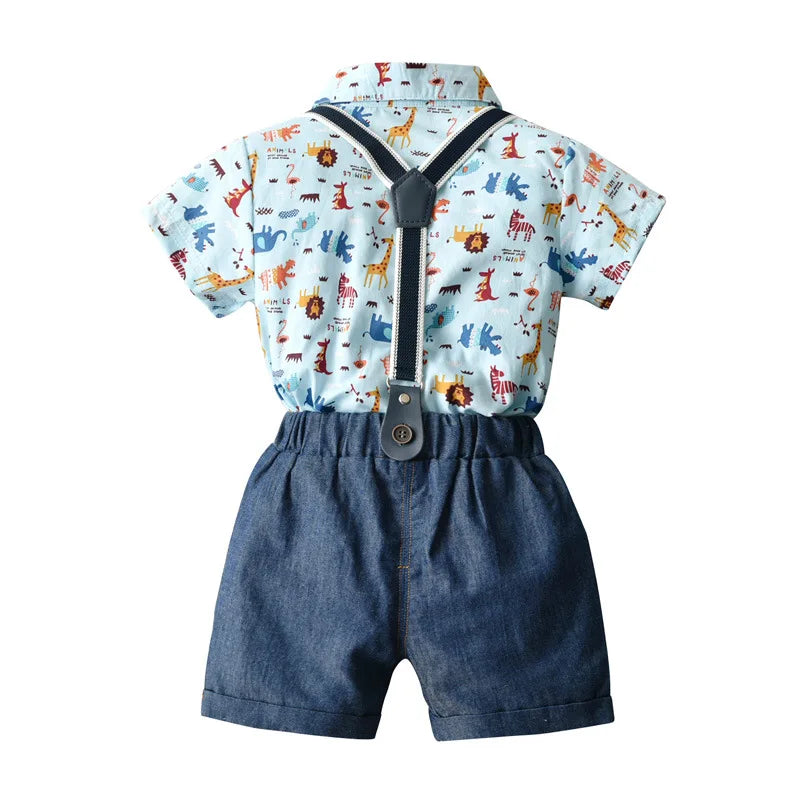 Summer Cartoon Gentleman Clothes Child Short-sleeved Cropped Trousers Baby Sling Two-piece Infant Boy Animal