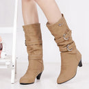 Autumn Winter Leather Buckle Chunky Heels Mid Calf Boots Round Toe Slip on Casual Women Shoe