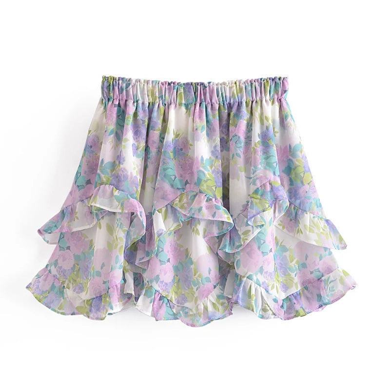 Sweet Floral Print Ruffle Skirt Women Elastic Mini Holiday Summer Boho Beach Casual