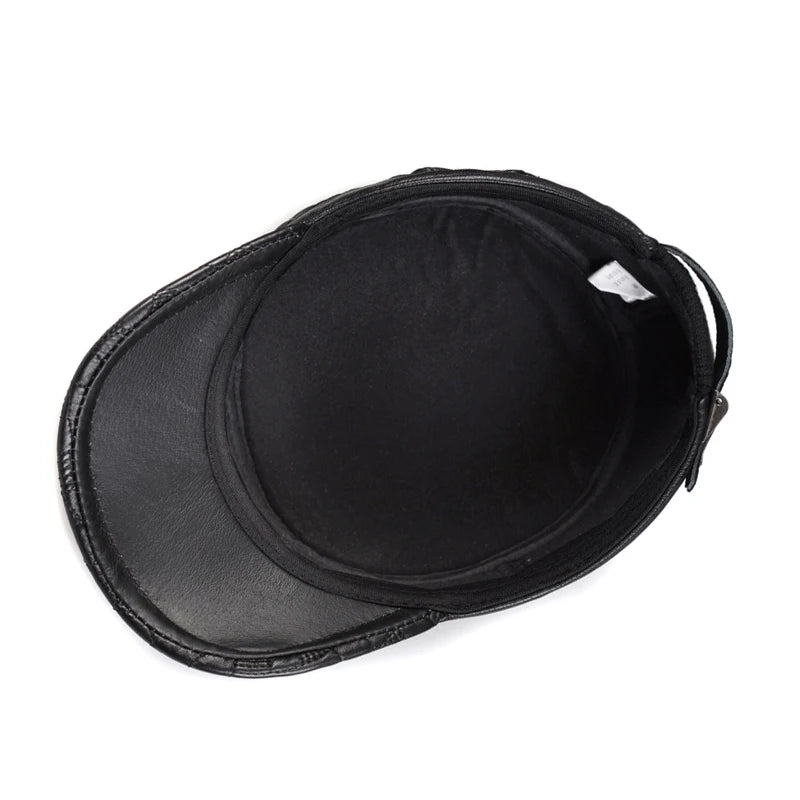 Men's Leather Hats Autumn/Winter Genuine Flat Top Military Caps Male Embroidered Warm