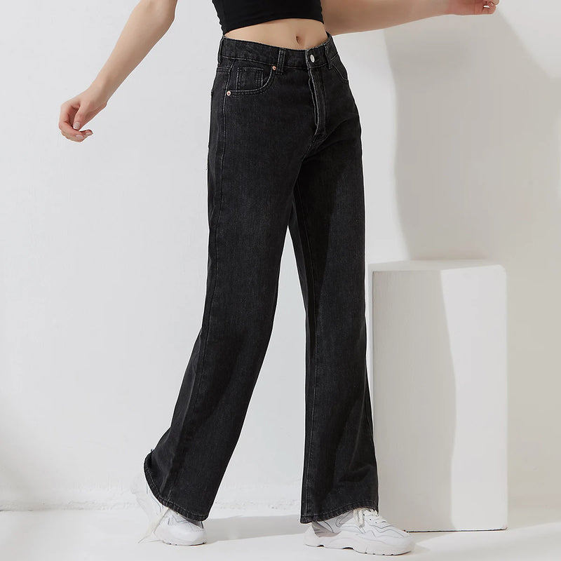 Women Street Style Wide Leg Long Denim Pants Ladies Spring Autumn Button Fly High Waist Pockets Casual Jeans