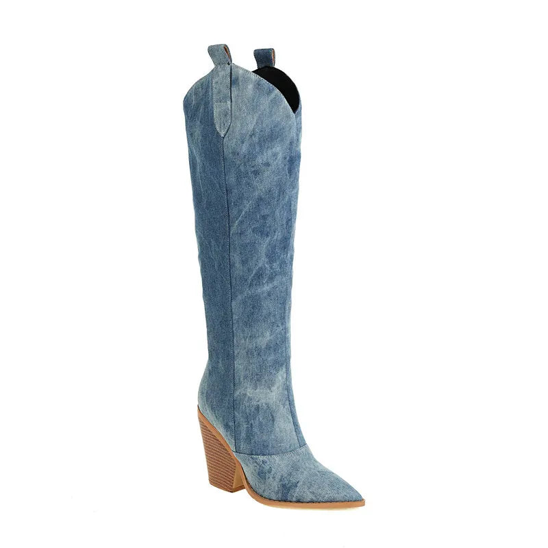 Denim Western Women Knee High Boots Wedges High Heel Cowboy Boots Slip On Autumn Winter Woman Shoes