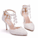 Crystal Queen Rhinestone Pointed Toe Women High Heels Flower Lace Ankle Strap Sandals Pearl Decoration Party Wedding Shoes