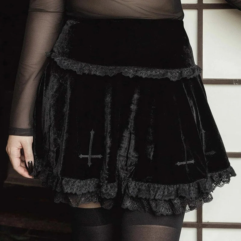 Goth Cross Black Skirt Vintage Lace Trim Mini Skirt Gothic Grunge High Waist Ruffle Summer Skirt Women