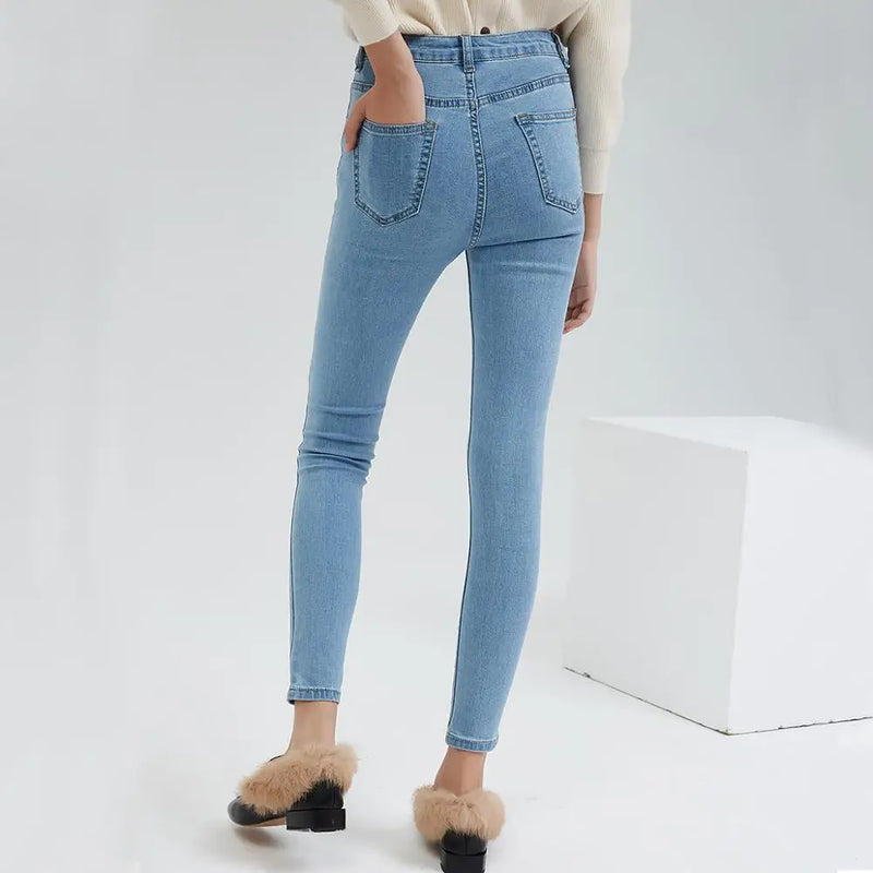 Basic Jeans Vintage Fit High Waist Stretched Jeans Women Washed Blue Denim Skinny Classic Pencil Pants Trousers