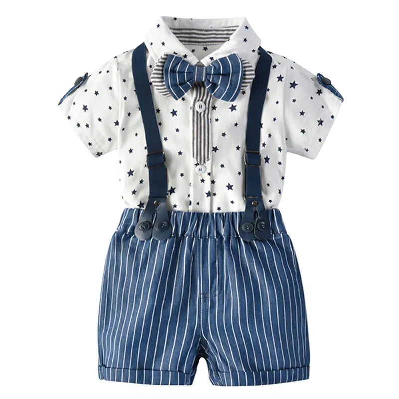 Baby Boys Romper Clothes Suit Formal Toddler Boys Clothes Stars Summer Gentleman Hat  Suspenders Shorts