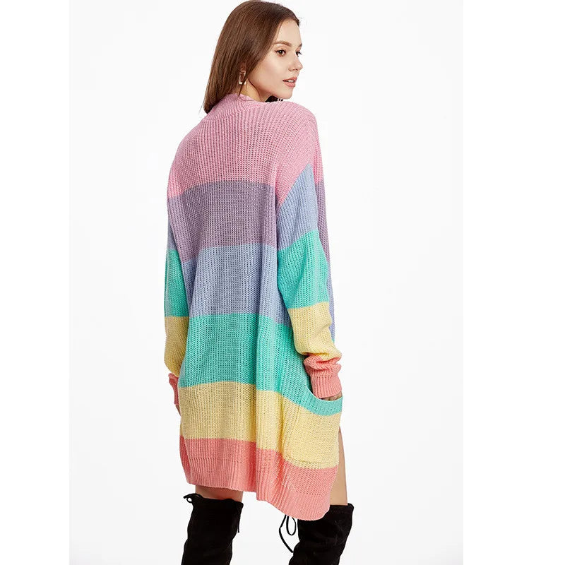 Office Lady elegant Loose Sweater Yellow Casual Coat Women Rainbow striped long cardigan Winter knitted sweater Jacket