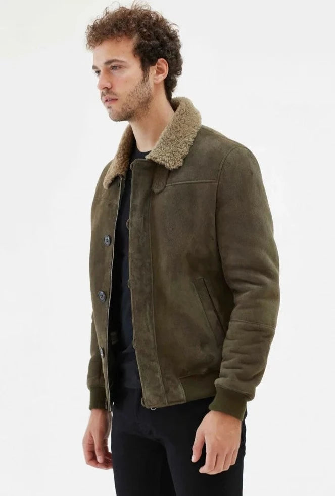 Mens Green Shearling Jacket Leather Jacket Casual Short Mens Fur Coat Trench Coat