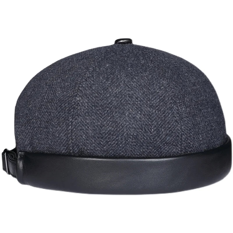 Winter British French Sailor Hats For Men Male Genuine Leather Wool Round Caps Plaid Woolen Beanie Retro