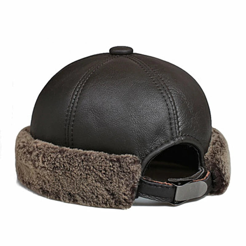 Winter Genuine Leather Melon Caps Men Thicked Warm Round Boonie Hat Bonnet