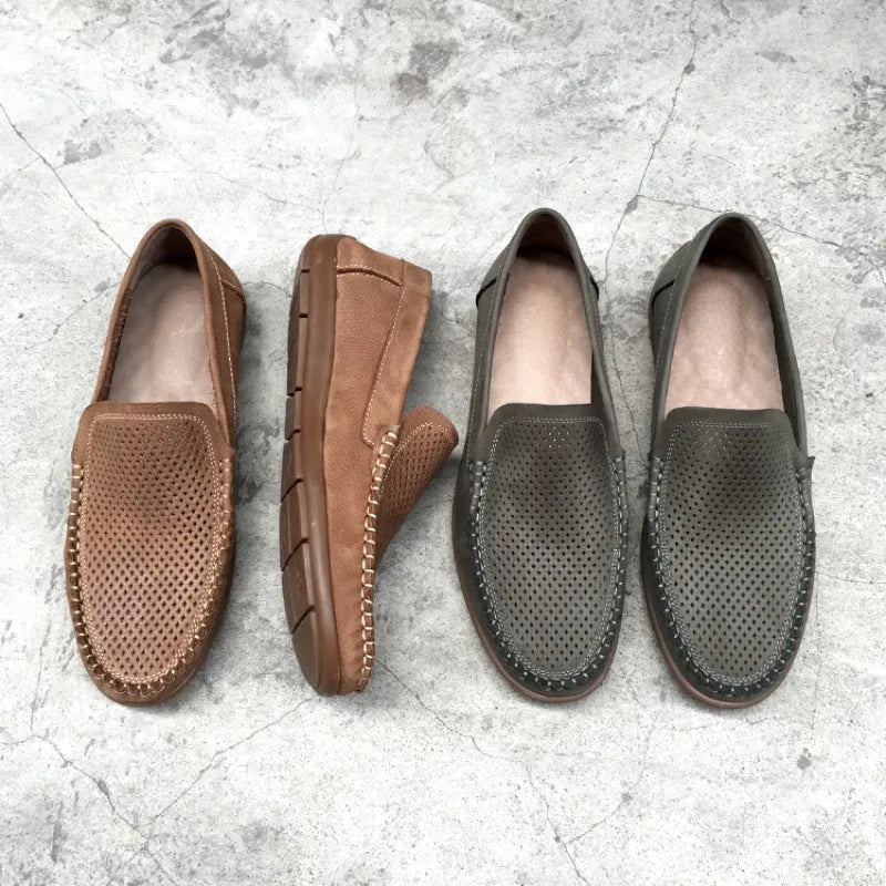 Breathable Hollow Out Genuine Leather Loafers Summer Mens Footwear Comfortable Soft Bottom Casual Shoes Men Slip-On Flat Shoes