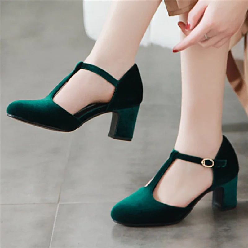 Women Pumps Velvet Mary Janes Shoes Red Green Heeled Party Wedding Office Shoes Ladies