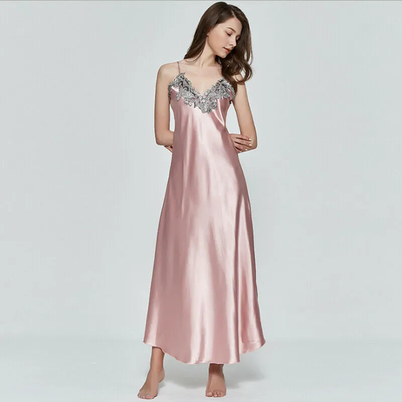 Women Sleepwear Summer Nightgown Lace Patchwork Long Nightdress Strap Sleeveless