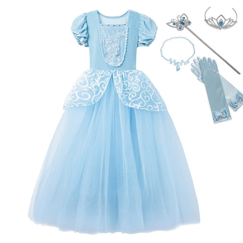 Little Girls Blue Cinderella Dress Up Children Puff Sleeve Elegant Prom Party Dress Kids Girl Birthday Princess Costume