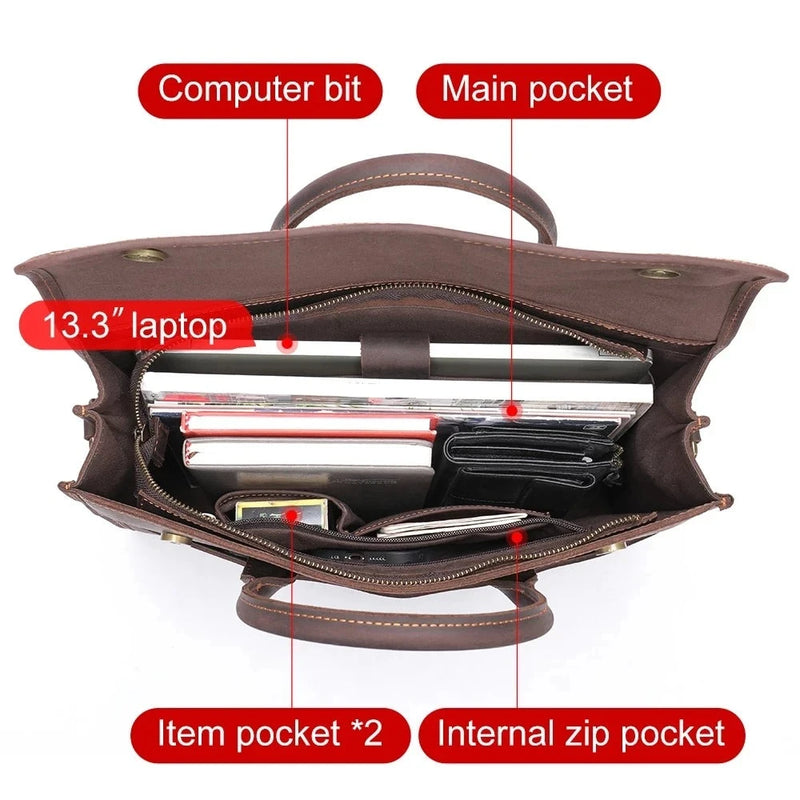 Genuine Leather Men Briefcase 13.3" Laptop Business Handbag Real Leather Retro Crossbody