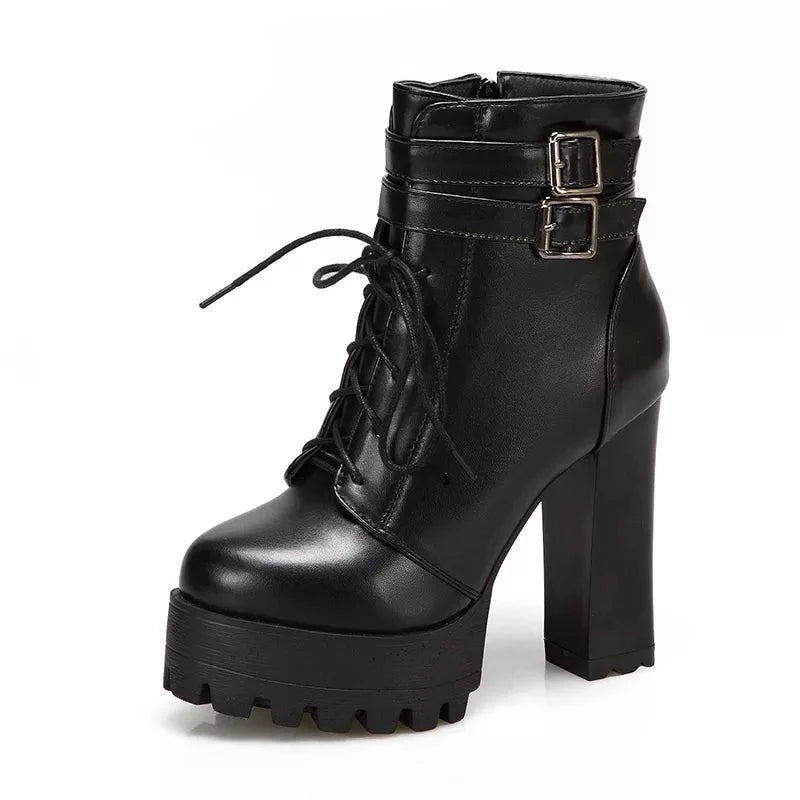 Lacing High Heel Boots Women Thick With Belt Buckle Ankle Boots Square Heels Bare Foot Shoes White