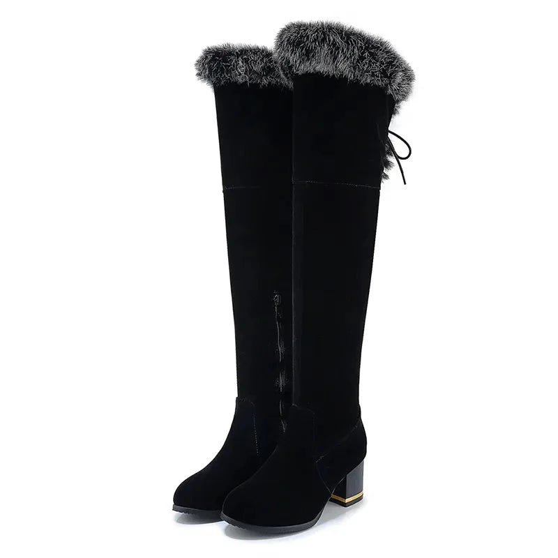 Natural Fur Winter Boots Women Knee High Long Boots Square Heel Winter Shoes Woman Waterproof Rubber Sole