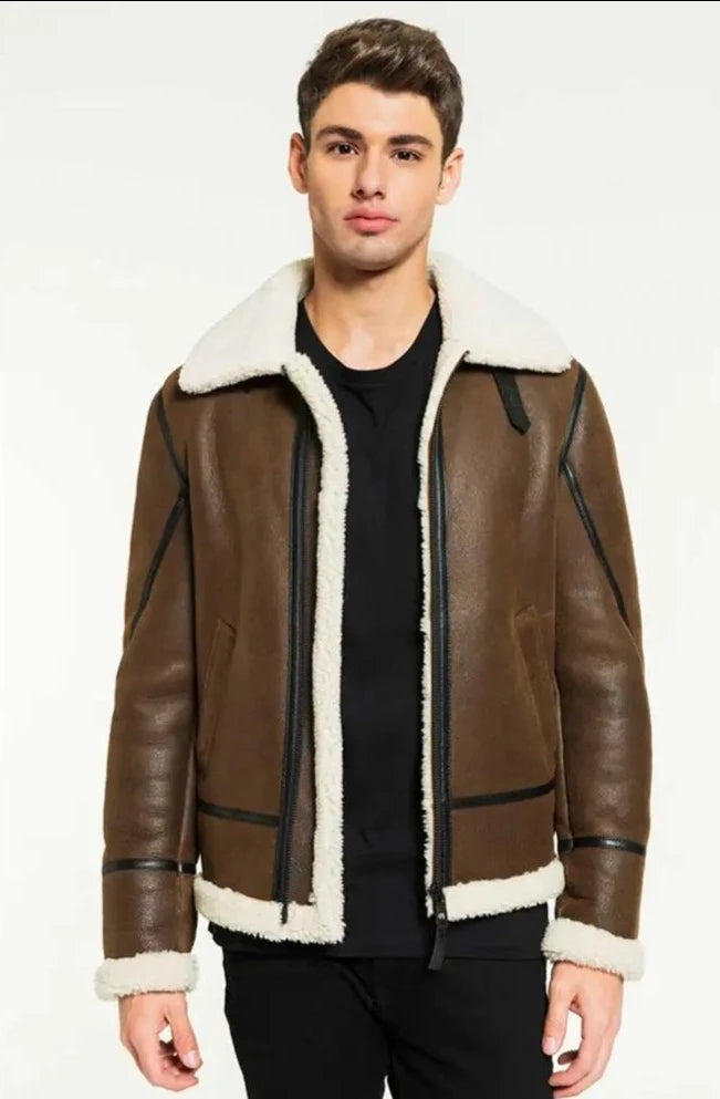 Mens Brown Shearling Jacket Bomber Jacket Short Fur Coat Mens Winter Coats