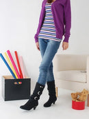 Autumn Winter Leather Buckle Chunky Heels Mid Calf Boots Round Toe Slip on Casual Women Shoe
