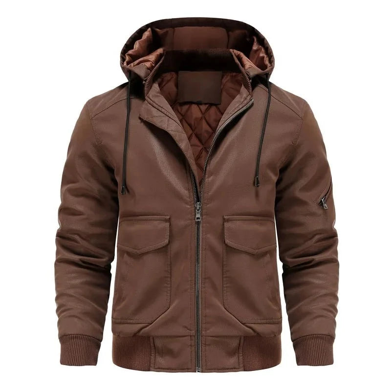 Hooded Mens Leather Jacket Retro Motorcycle Coat Windproof Warm Biker Outwear Male Casual Winter
