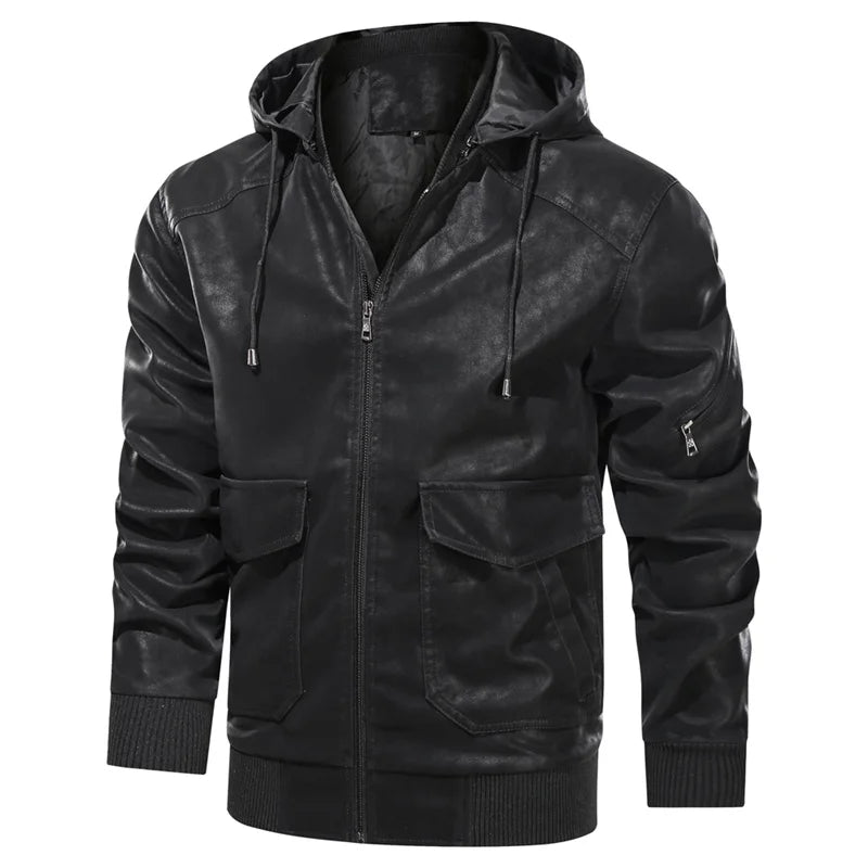 Men Hooded Motorcycle Jackets Casual Winter Windproof Leather Coat Male Clothing