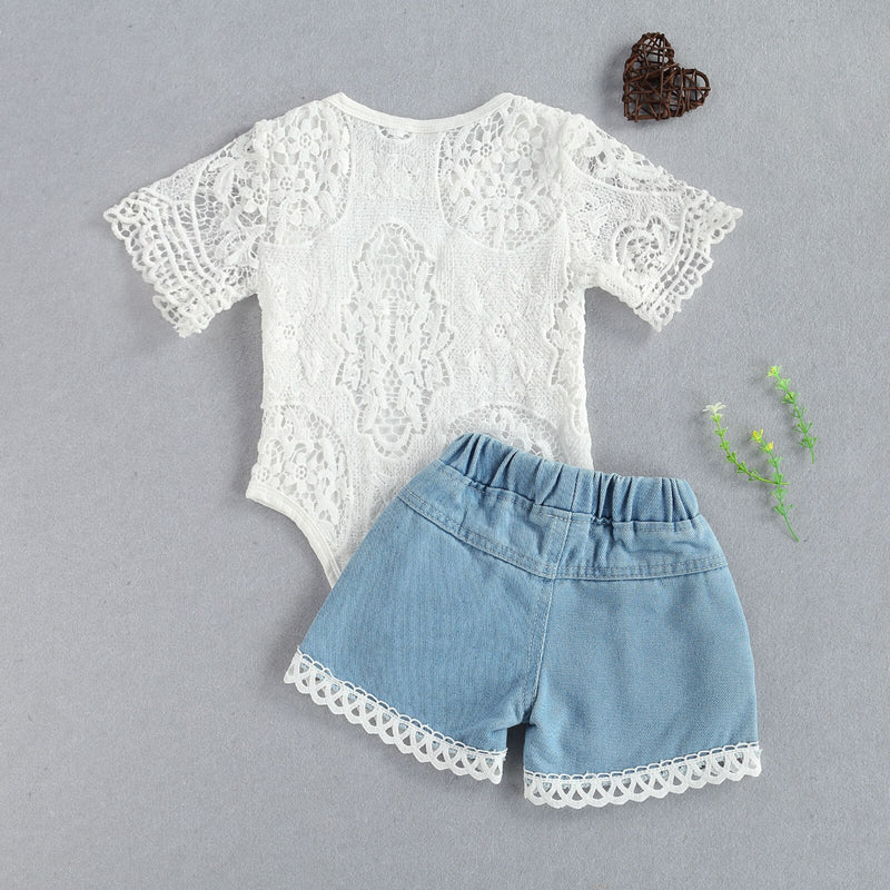 Infant Newborn Baby Girls Summer Clothes Sets White Lace Flowers Bodysuits Top + Elastic Denim Shorts 2PCs Outfits