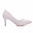 Crystal Queen Pumps High Heels Women Wedding Shoes Lace White Flowers Pearl Bridal