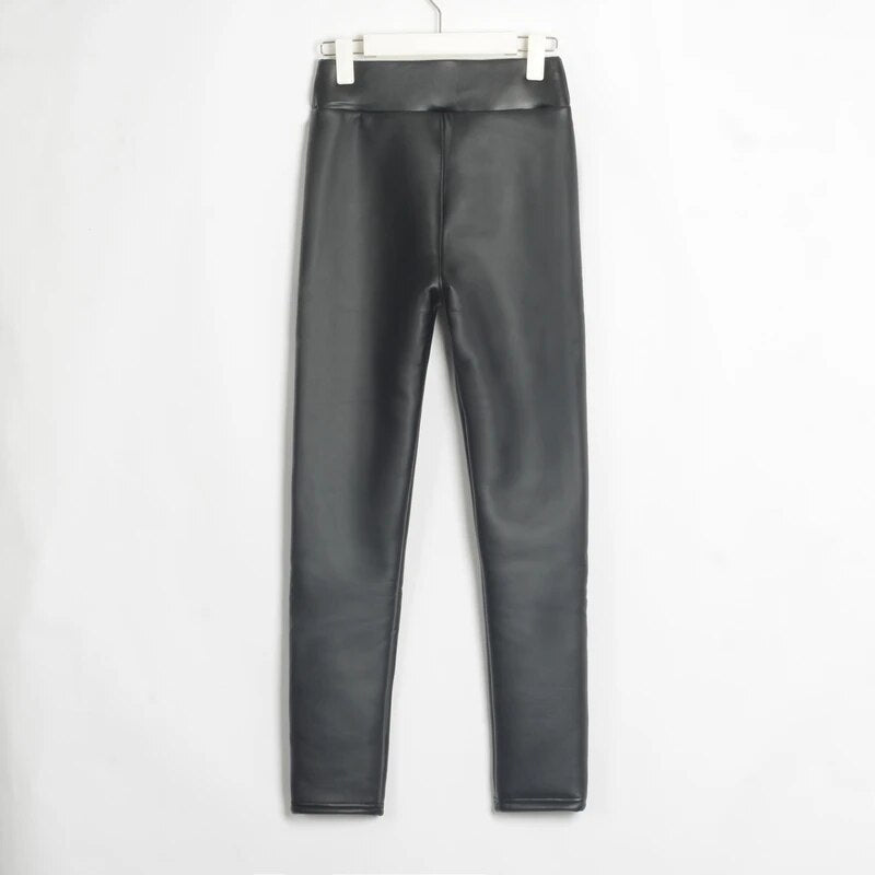 Women Winter Pants Skinny Thick Lamb Wool Fur Warm Faux Leather Solid Streetwear Clothes